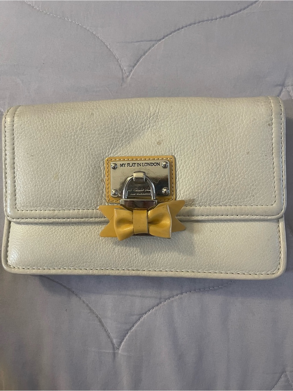My Flat in London Cream Leather Clutch with Yellow Bow Accent